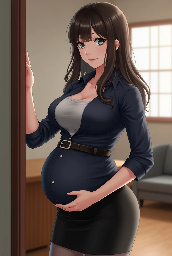 1girl, 25yo sofia takigawa_jav, , eyelashes, looking at viewer, cowboy shot, standing, dynamite lighting, attractive body, wearing office attire, navy blue blouse, light gray singlet, belt, black pencil skirt, sheer gray pantyhorown knee heel boots, baby bump, she felt her water broke,
(ulzzang-6500:0.0), (ultimate quality, masterpiece, highres:1.0), (photorealistic, realistic:1.9), nice hands,