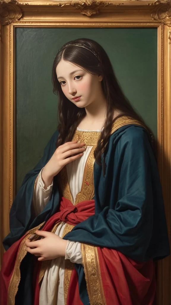 Virgin Mary、Ancient Jews、Beauty、Age 27、Long face、Sacred、Wearing a blue cloak over his red clothes、Veil、With arms outstretched、A gentle gaze、Looking down、White Lily、Renaissance religious paintings、Raffaello Santi、Michelangelo、Leonardo da Vinci