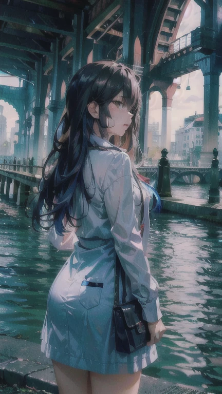 (high resolution),One girl,(Standing by the water),(The sunlight is pouring in from behind),Back view,silhouette,evening,Far away,(In front of the clock tower)