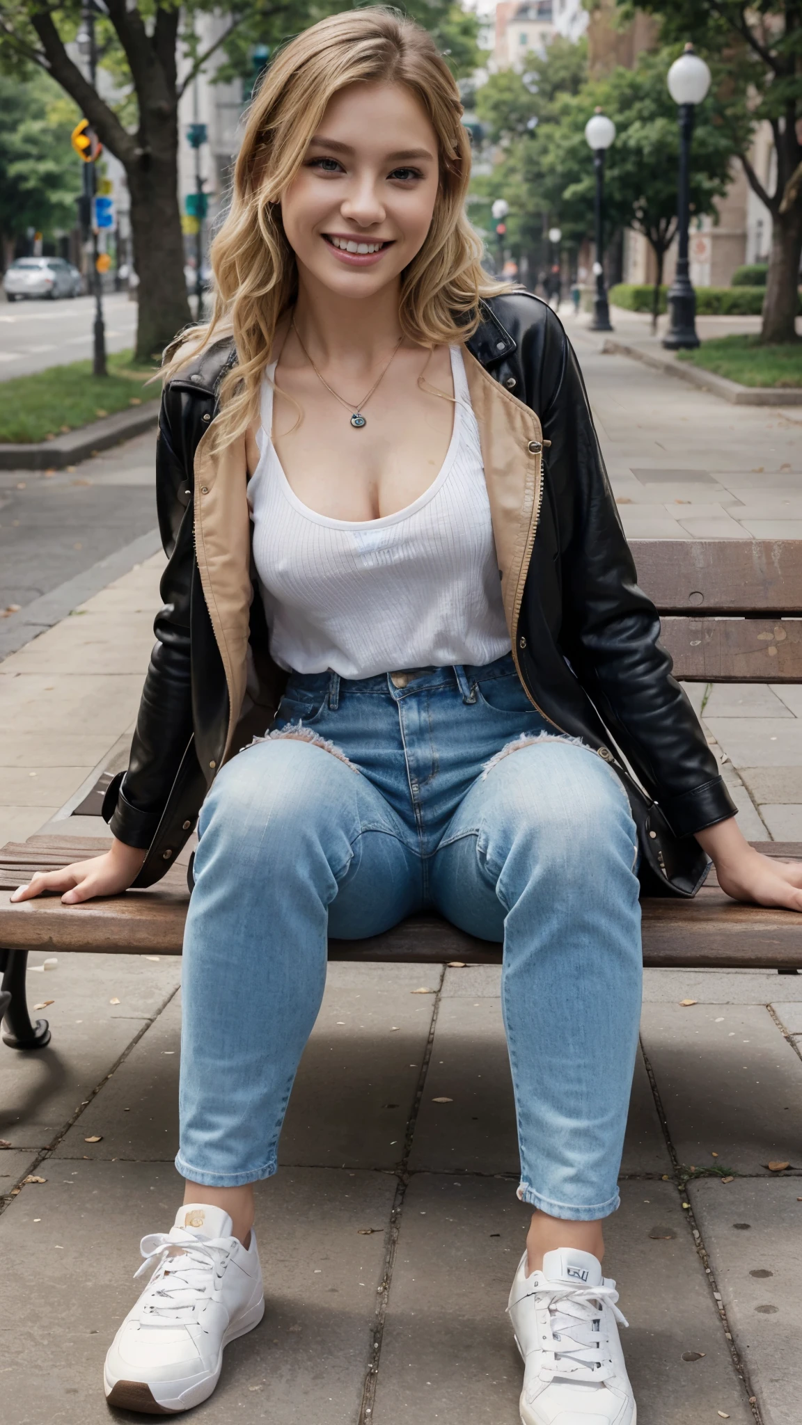High resolution, 8k wallpaper, Beautiful Caucasian Woman、Full body photo、,Leather jacket、 sitting on a park bench、shirt、Skinny jeans、sneakers、、Necklace around the neck、 Blonde、Short Haircut、Wavy Hair、ear piercing、smile、Beautiful teeth alignment、