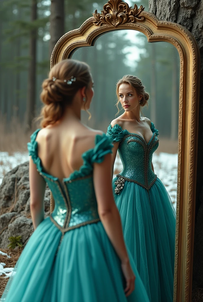 (photorealism:1.2), A beautiful Canadian bride in her teal coloured bridal attire is looking herself on the mirror. Her mirror reflection is of a warrior princess in a teal armoured attire ready for a battle of her life.