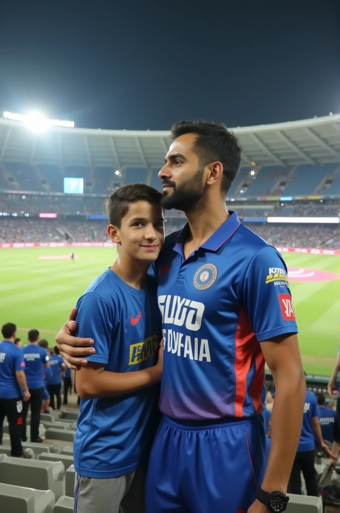 DHONI WITH A BOY NAME IS ''SHIVA STANDING IN IPL STADIUM IPL FLAGS