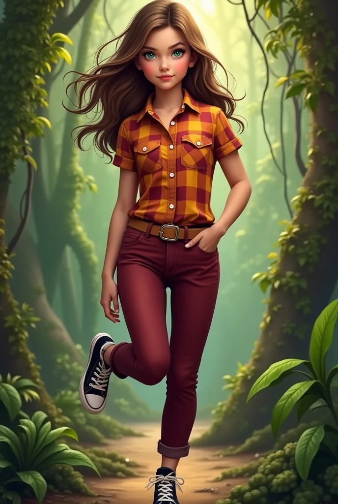 Beautiful girl, brown hair, green eyes, a short-sleeve plaid button-up shirt in shades of orange, red, and yellow, dark red jeans, a light brown or tan belt with a simple buckle, black high top converse shoes, white socks, jungle background, vines, full body, butt, one leg in the air.