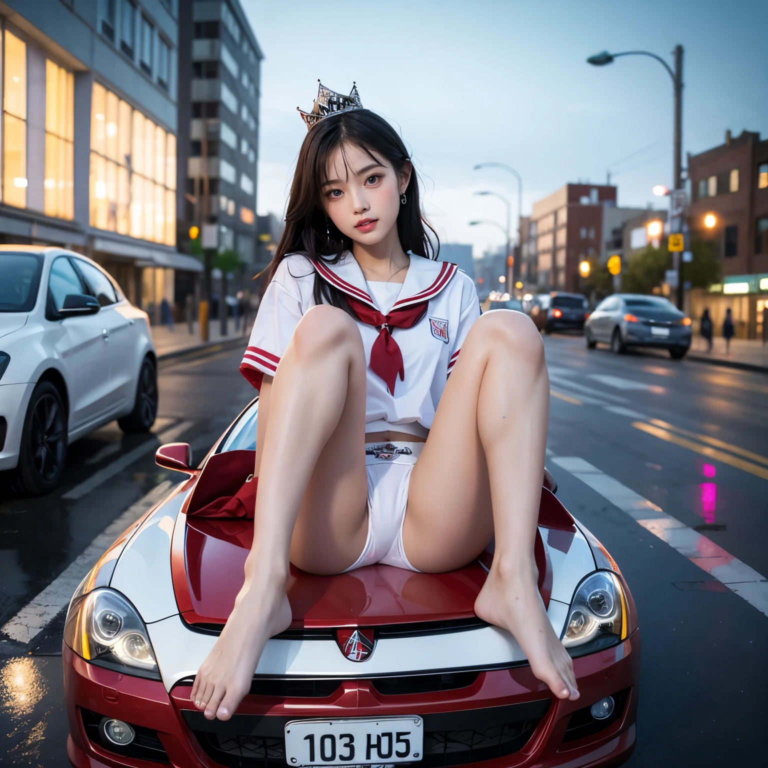 SFW, (Closeup from Crotch to Face) ExtremelyDetailed (SchoolGirl Lean against the Car) Spread Knees Up, perfect face, Brilliant(Tiny Crown), Detailed(Delicate Clothing textures) Sailor Uniform with Red Ribbon (((WhitePanties))), PerfectHand with Childish 4Fingers and one Thumb, Corrected Leg to Foot Line, ((Starry Colorful Lights at Dusk City)) Large Screens, ((Specular Reflection:1.32)Shiny Wet Road)Shiny Cars, ((Hidden Arm) Hidden Sole) Red[High-heels], TopQuality 8K Ultra-detailed masterpiece (ProfessionalPhoto:1.37)(Acutance:0.8)