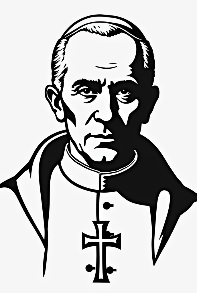 Create a stencil-style image of Giuseppe Melchiorre Sarto, also known as Saint Pius X. The image should be monochromatic, using bold contrasts between black and white to define his facial features and papal garments. Focus on capturing his dignified expression and characteristic details like the papal zucchetto (skullcap) and simple, yet recognizable, lines of his cassock. The overall design should be clean and minimalistic, suitable for creating a stencil with distinct, easily recognizable shapes