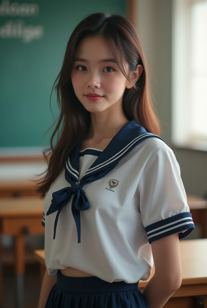 25-year-old woman, milf, ((in the classroom)), ((school uniform)), RAW photo, (photorealistic: 1.37, realistic), highly detailed unified CG 8K wallpapers, 1girl, (((perfect body: 1.1)), (medium breasts: 1.2), looking at the viewer, (((straight from the front)))), (HQ skin:1.2, shiny skin), 8k uhd, dslr, soft lighting, high quality, film grain, Fujifilm XT3, ((full body: 0.8)), (professional lighting:1.4) ,blowjob