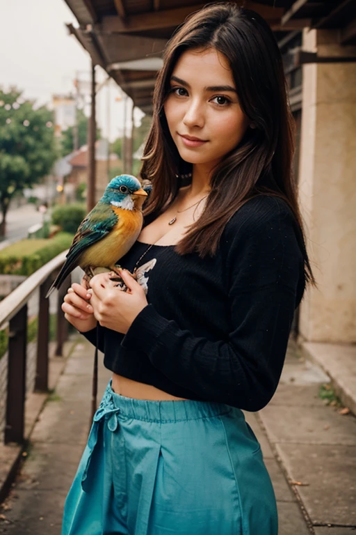 A beautiful bird, and a beautiful girl.