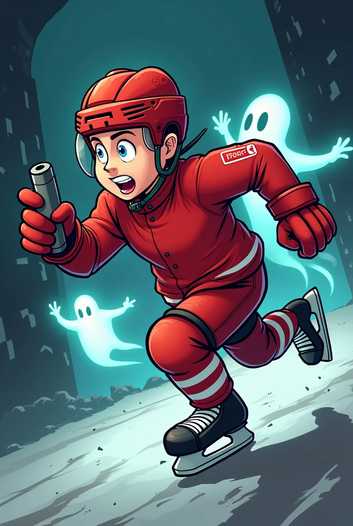 Guy running away from ghosts wearing red hockey equipment while holding a controller cartoon (side view).