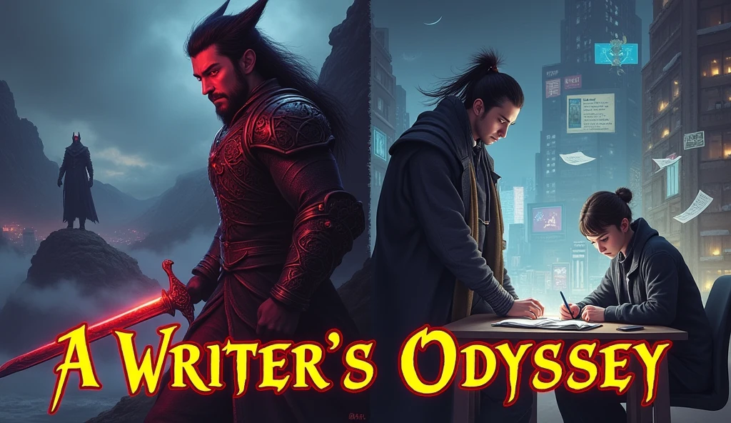 a rugged man with a determined look, holds a glowing sword, standing on a rocky cliff in a dark, mystical landscape. Behind him is **Lord Redmane**, a towering, menacing figure in elaborate, dark armor, with glowing red eyes. On the other side, in a modern cityscape, **Lu Kongwen**, a young writer, is seen typing at his desk, with papers and mystical symbols floating around him. At the top, **Tu Ling**, a fierce woman with sharp features and dark clothing, stands with a mysterious expression, as if overseeing the two worlds. The title 'A Writer's Odyssey' is prominently displayed at the bottom, with a bold, mystical font, blending the elements of fantasy and reality."