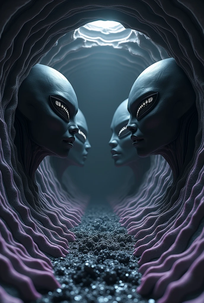 Photorealistic DMT psychedelic hallucination experience in dark tunnel made of thin fractal ring shaped modular layers, going in modular cone shape to a black mist in the center of void made of dark mist, ttthehe center of the void are a gateway to darkness involved in dark mist, the ring shaped layers have a ondulated edges, all the layers have purple tones in the edge of the layers, and in the interior of layers dark gray tones, the layers have a little scales texture, out from the tunnel 3 big shadows of alien heads with black skin, the 3 entities seems are made of shadow substance, the 3 alien entities have big almond shaped eyes, their eyes have a white outline with strange design made of medium size white lines, their eyes are black inside, only the top half of the alien heads is visible, the entities are looking to the center of the void, the shadows are visible from the top of they heads, the dark mist in the center of the void are absorbing a black plastic like slime coming from my heart, all the atmosphere is envolved in light dreamy mist