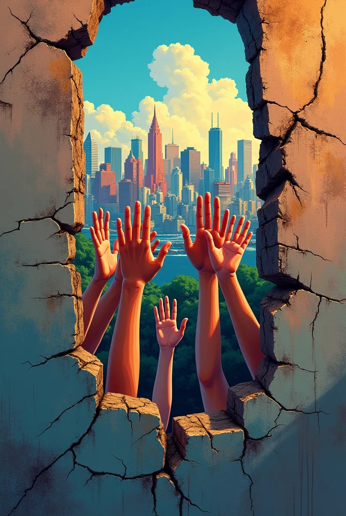 A striking illustration of a wall with cracks, through which outstretched hands are seen, symbolizing the connection and empathy between different people. In the background, A diverse city in bright colors and varied shades.
