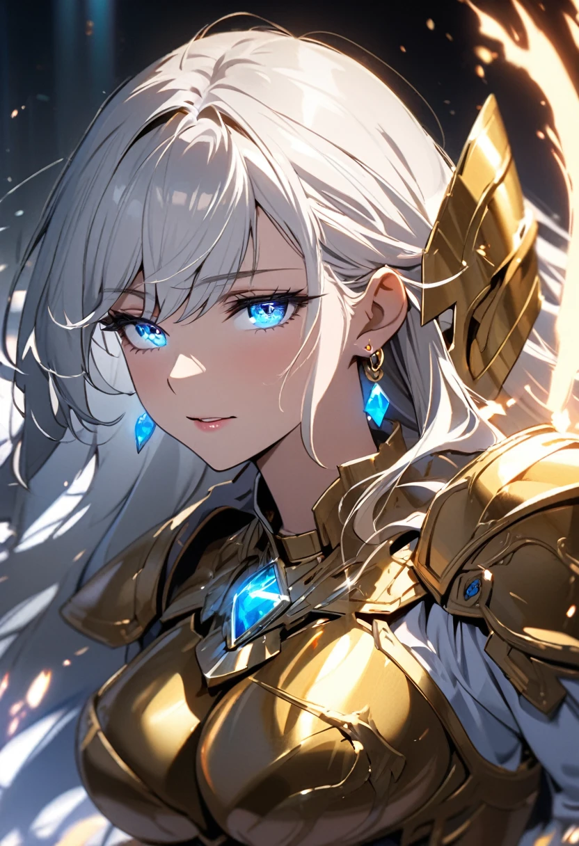 girl, blue eyes, long hair, white hair, mature, diamond earings, beautiful, holo, light aura, glowing eyes, golden armor, macro picture, half eyes