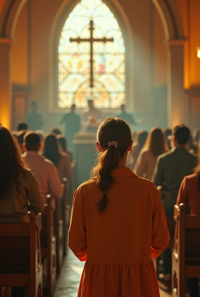 young Christians worshiping God, in a church where there is a stage. the place is beautiful and cozy. the colors of the environment are: green vintage, sand and orange. 