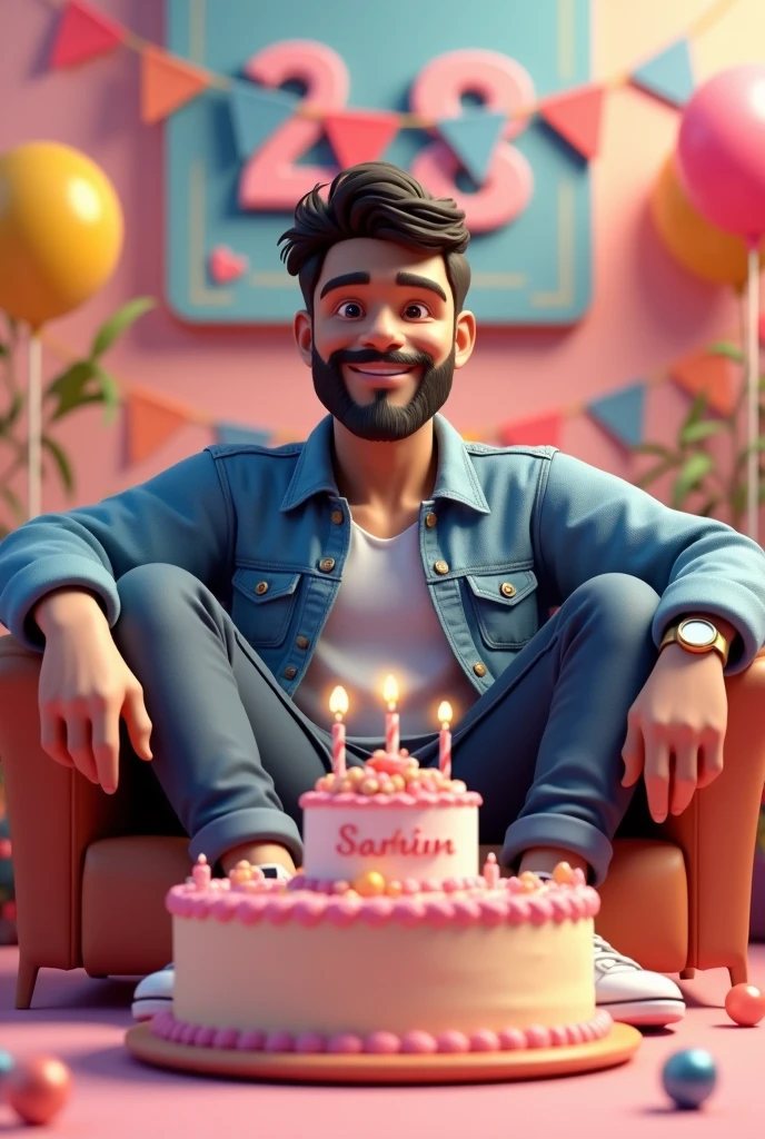 3D illustration of a man
sitting casually on front of a cake. The character must wear casual moder clothing such as jeans jackets and sneakers shoes. The background of the image is a party theme. Write 'Sachin' on the birthday cake. Make sure the text is not misspelled. His age is 28
