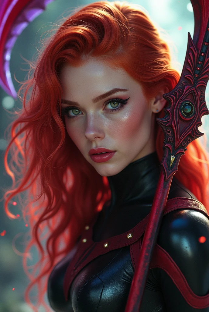 Photograph of a 16 year old girl, perfect face, masterpiece, red black , red scythe weapon,redhead, green eyes, purple green aura, Madelyne Pyor ,X-men.