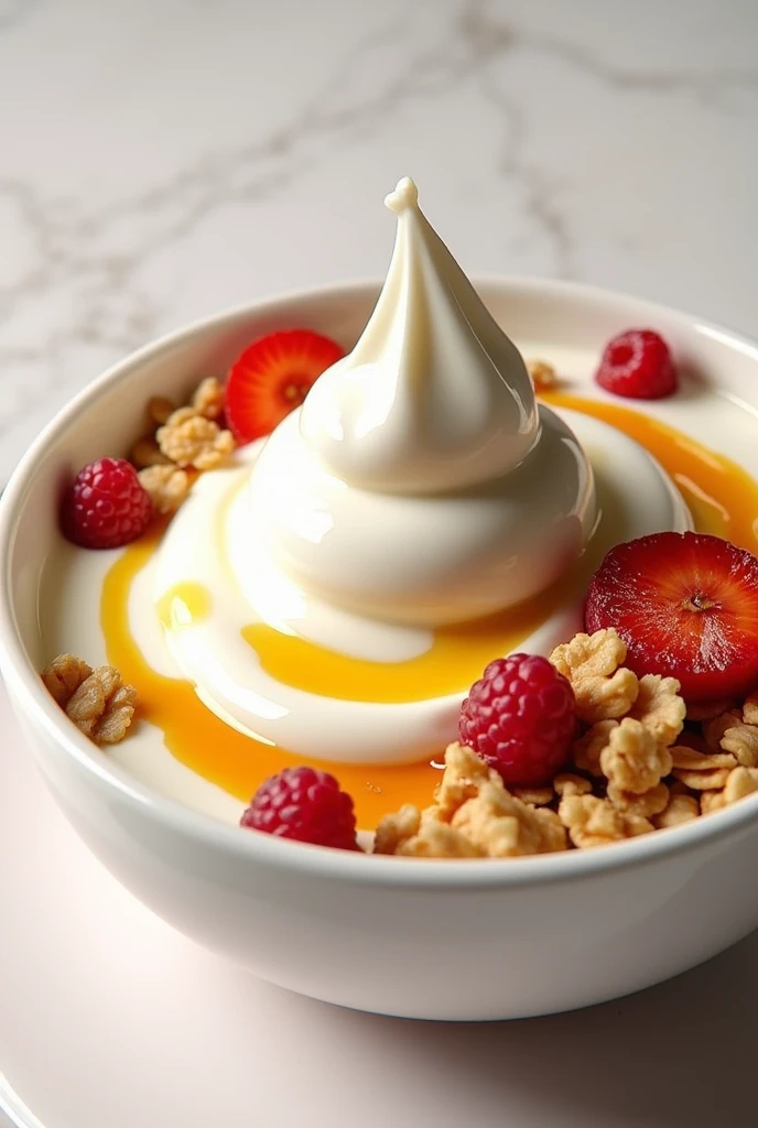 Please make yogurt stirred with delicious toppings And please make it look delicious And tasty And fresh