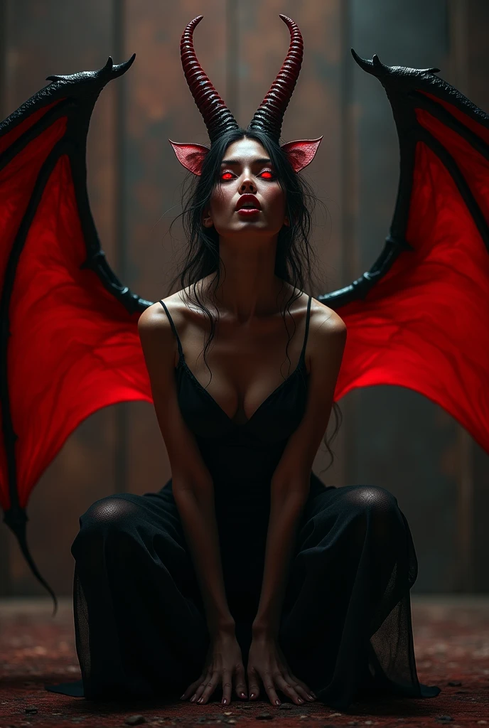Female Devil, Lilith, (whole body:1.55), (Beautiful and elaborate eyes glow red:1.4), (Large bat-like demon wings:1.4), (Tie your hair into two ponytails to create large bull horns), (Arms raised to show armpits:1.0), (Squat with your feet wide apart:1.0), Ideal body type、Big Breasts、 美しく精巧でVery detailed太腿、Beautiful lip detail, 美しく精巧でVery detailed目と顔, Long eyelashes, Smiling and sticking out a long tongue, Black long dress, (Highest quality,4K,8k,High resolution,masterpiece:1.2),Very detailed,(Realistic,photoRealistic,photo-Realistic:1.37),Detailed skin, Intricate details, Dramatic lighting, Dark fantasy, Chiaroscuro, Gloomy atmosphere, Deep Shadow, Warm color palette, Rich texture, Structure of the film, Strong gaze,