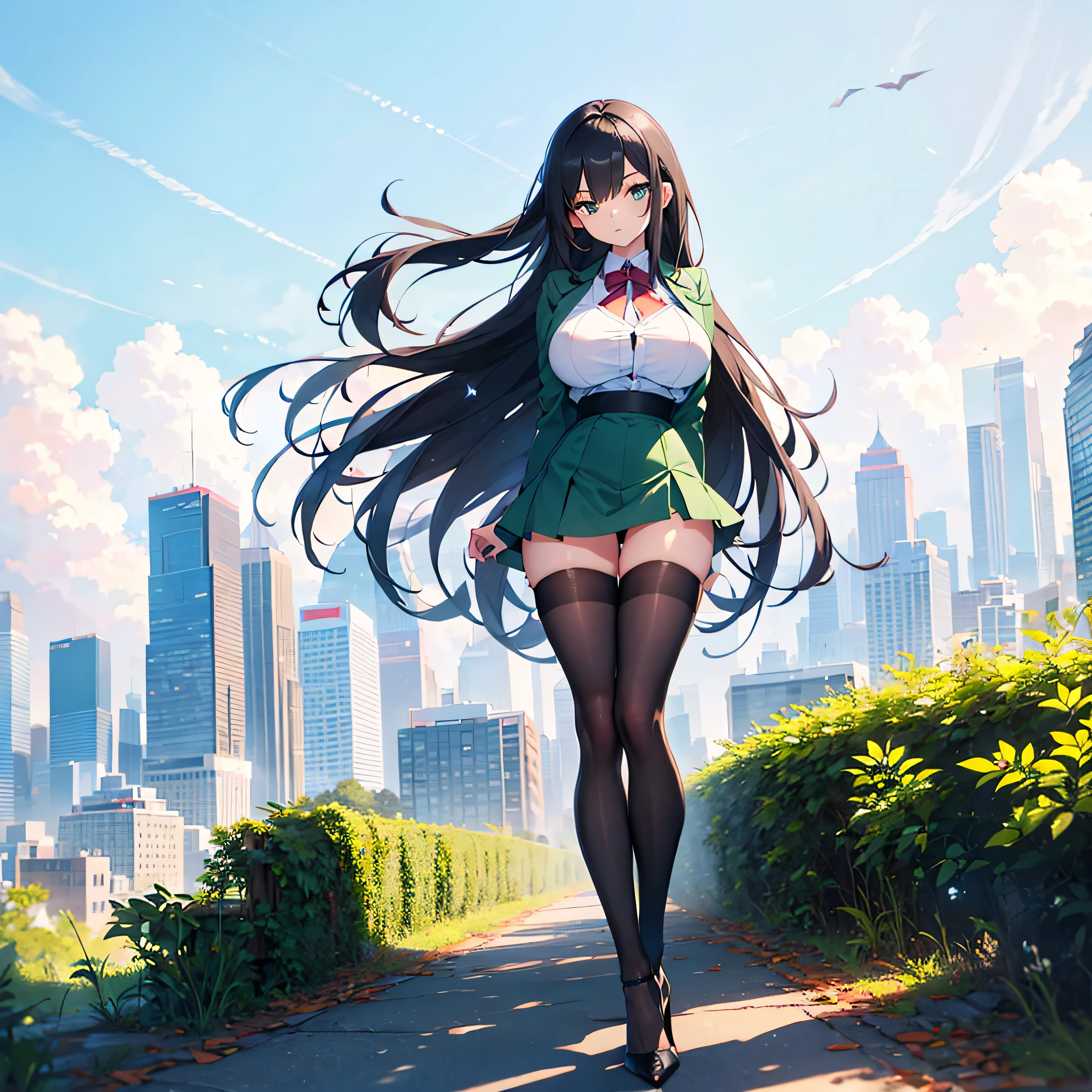 (solo), 1 skinny girl standing, short torso, skinny long legs, bursting huge breasts, inconceivably narrow waist, swaying back, arms behind back, BREAK, green blazer, green high-waist skirt, thigh gap, black thighhighs, stiletto heels