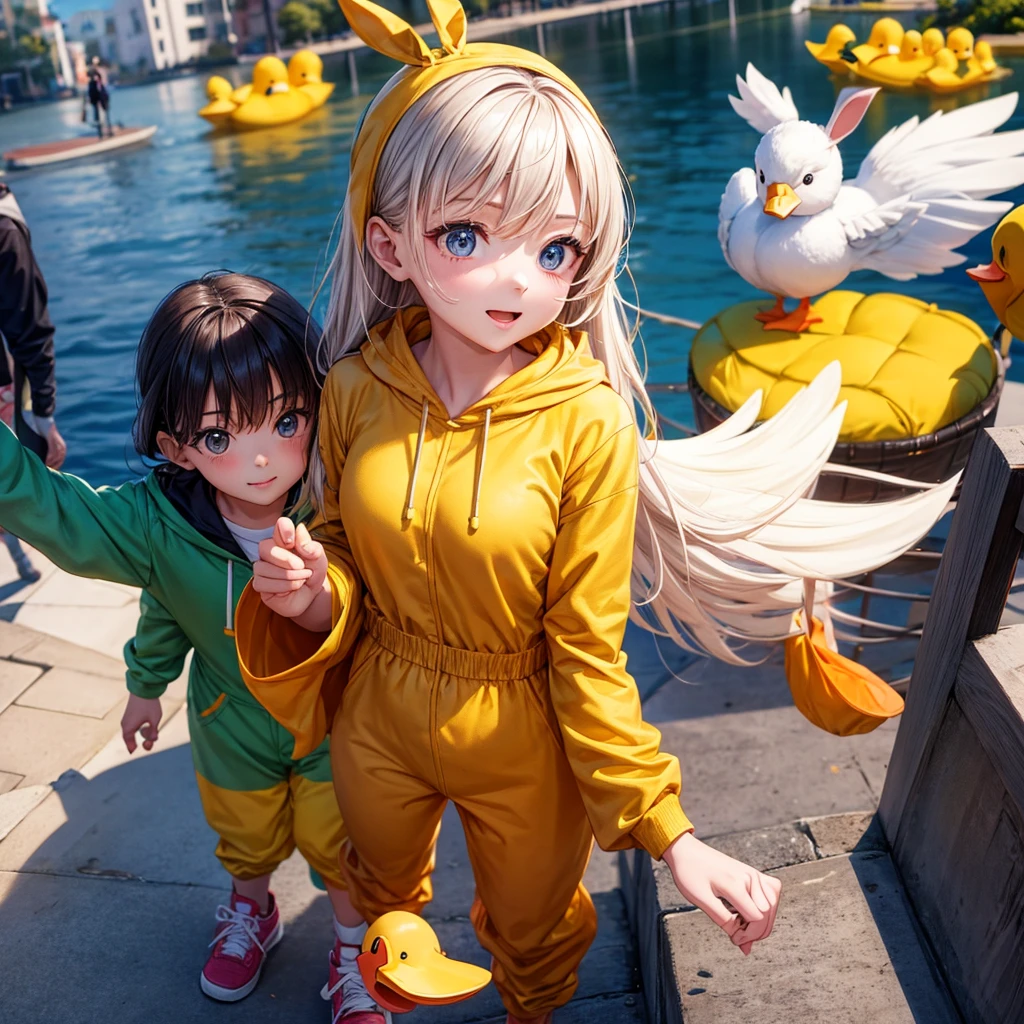 Cute girl and boy, girl wearing a duck onsie, girl holding a duck, boy wearing rabbit onsie, boy holding a rabbit, 3D, high quality, high definition