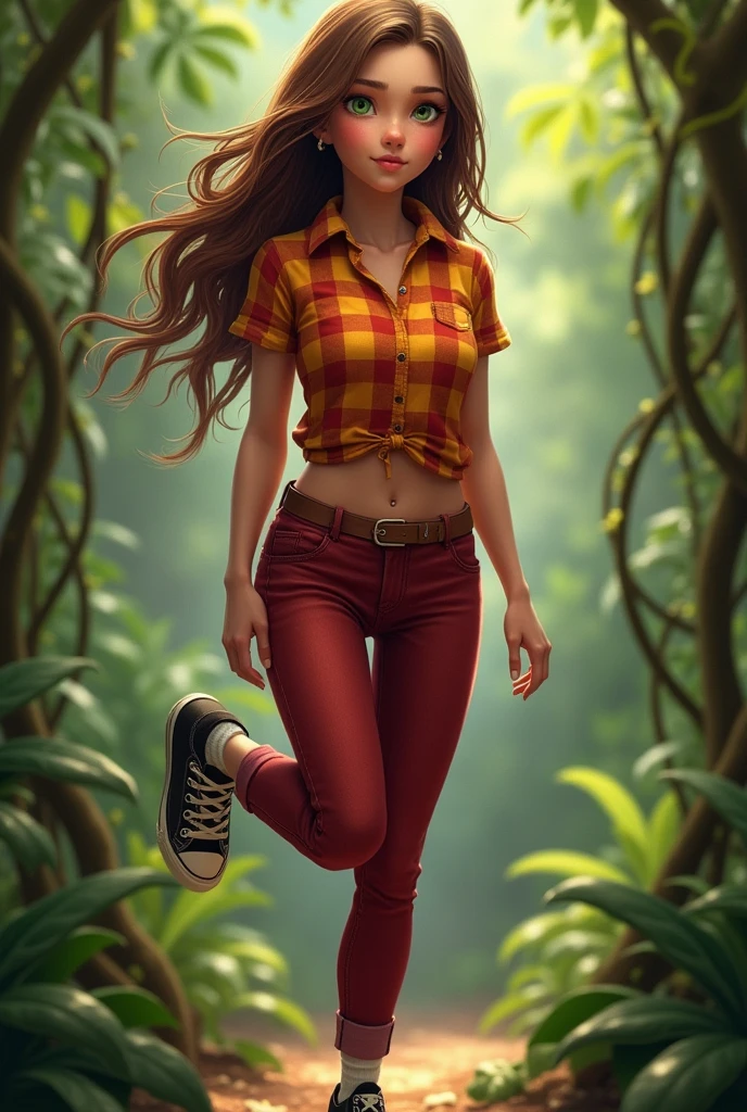Beautiful realistic girl, brown hair, green eyes, a short-sleeve plaid button-up shirt in shades of orange, red, and yellow, dark red jeans, a light brown or tan belt with a simple buckle, black high top converse shoes, white socks, jungle background, vines, full body, , one leg in the air. 
