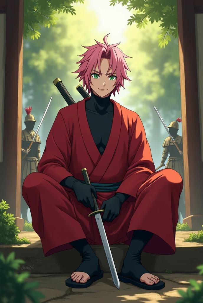 A Ninja Man, Without Mask, Green Eyes, Pink Hair, Wavy Hair, Smiling, Red Tunic, Holding A Sword, Sitting In A Temple, In The Woods, At Noon, Sunlight, Warriors Training In The Background, By Masashi Kishimoto