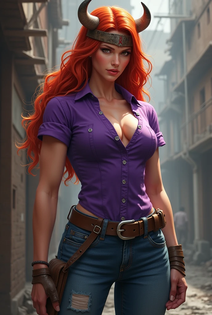 A muscular woman, Bullish, redheadwear, with purple shirt and jeans