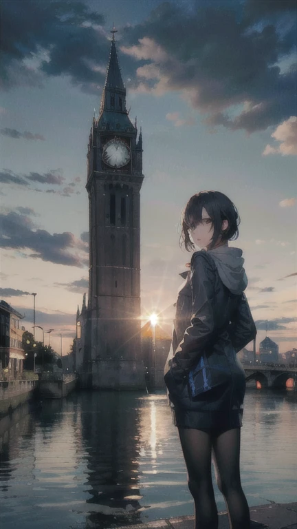 (high resolution),One girl,(Standing by the water),(European cityscape),Back view,silhouette,evening,(In front of the clock tower),(Girl in the distance)