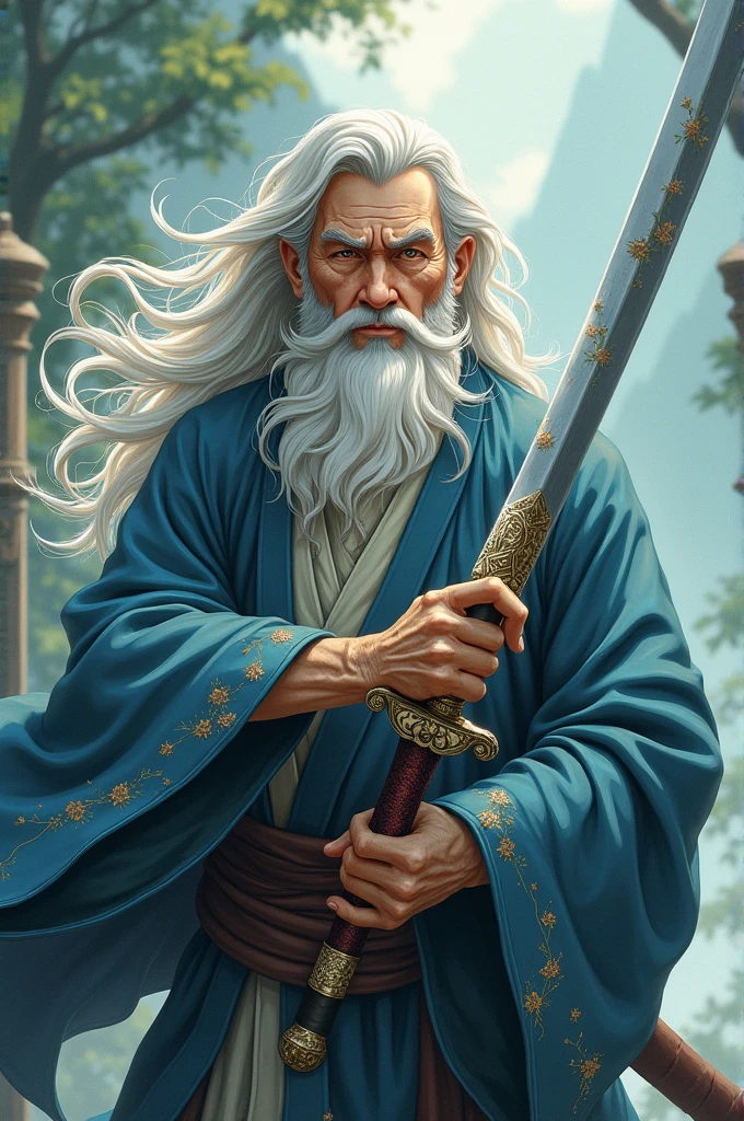 Long white haired anime old man with sword 