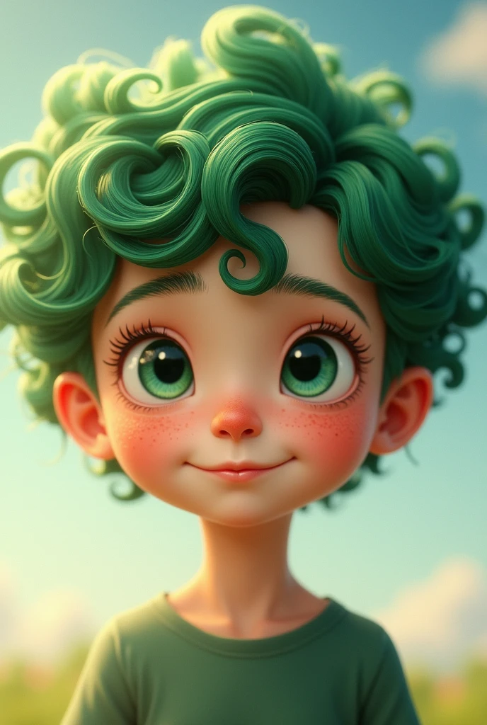 A boy with curly hair and a gentle face. His hair is green and he has freckles on his cheeks.