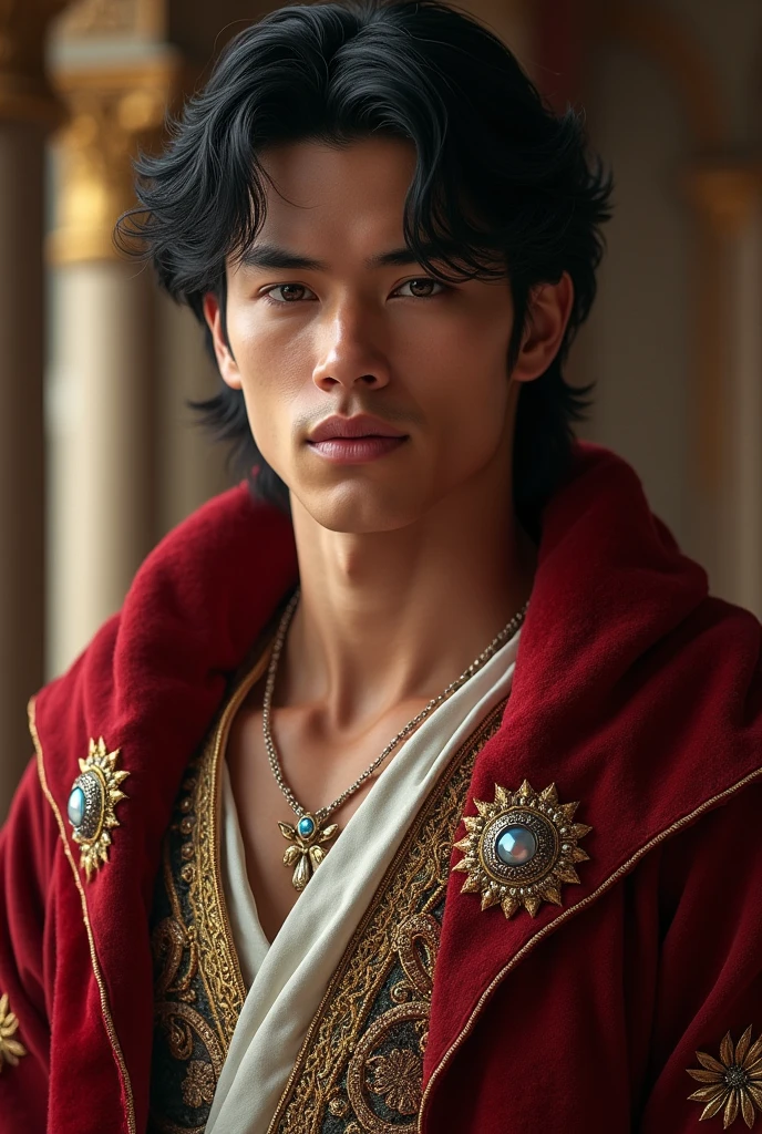 Create an image of a handsome young king:
- **face:** Well defined with high cheekbones and strong jaw. White and radiant skin.
- **eyes:** intense and expressive, in deep blue, emerald green or warm brown.
- **hair:** abundant, in jet black, slightly wavy or groomed.
- **body:** athletic, Raised, with broad shoulders and a slender waist.
- **outfit:** Silk or velvet tunic in rich colors, adorned with gold or silver details.
- **Expression:** Serene and charming, reflecting confidence and dignity.
