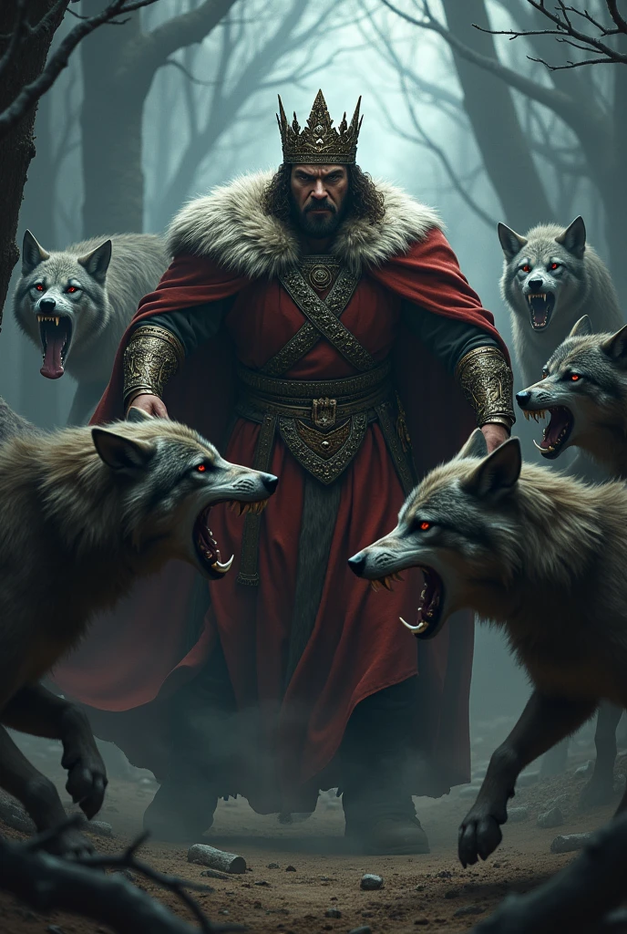 I want to create a scene of a king being attacked by wolves