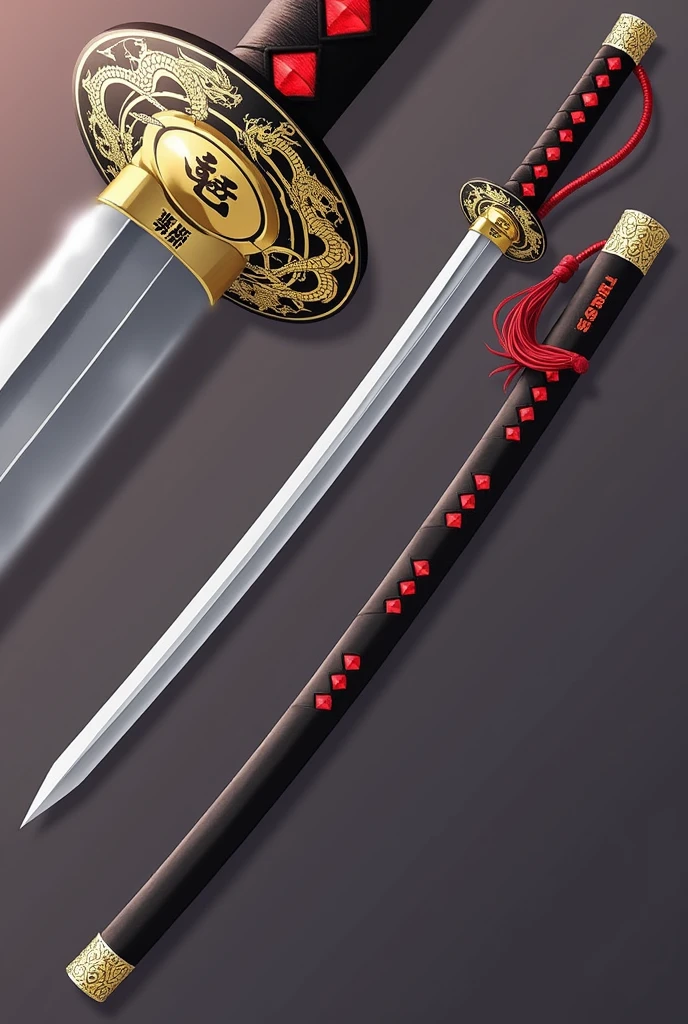 Katana Description (Anime Style):
The katana is 105 cm (41 inches) long from the tip of the blade to the end of the handle.
Handle (wash): The handle is 30 cm (12 inches) long, wrapped in black leather with red diamond-shaped patterns. A red tassel is attached to a small golden cap with intricate engravings at the end of the handle. The collar (fuchi) and pommel (death) feature gold accents with intricate designs, adding elegance and power. The ergonomic design provides a comfortable grip.
guard (smoke): The circular guard is made of blackened steel with a golden dragon coiled around the edge. The dragon's scales and claws are finely detailed, giving it a lifelike appearance. The tsuba is sturdy and perfectly balances the blade, with a slightly thicker section near the blade for enhanced protection.
Blade (Ha): The blade is 75 cm (29.5 inches) long, sleek, and slightly curved, typical of a traditional katana. The polished steel has a mirror finish with a prominent, faintly glowing hamon (temper line), showcasing superior craftsmanship. Near the base, just above the tsuba, the kanji "Reiko's Battle" (Spirit Blade), meaning "Blade of the Soul," is subtly engraved. The blade tapers to a razor-sharp point.
dial: Just above the tsuba, embedded in the blade, is a small circular dial with 12 inscribed numbers. The dial is set on 11, highlighted with a skull symbol, giving the katana a mystical aura.
Scabbard (me): The black lacquered scabbard has red accents and golden dragon designs running along its length, matching the dragon on the tsuba. The mouth of the saya (koiguchi) is reinforced with gold plating to ensure smooth drawing of the blade without damaging its edge.
Art Style: The katana should be depicted in a detailed anime style, capturing the elegance and mysticism of the weapon with vibrant colors and sharp lines.
