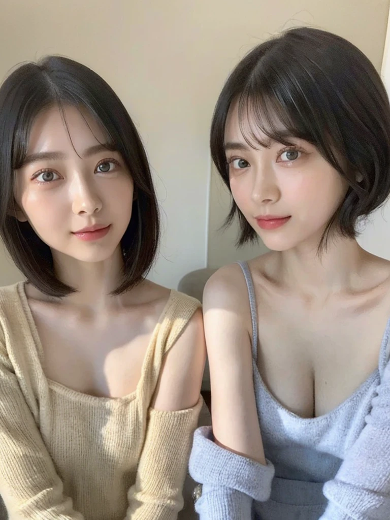 (masterpiece:1.3), (8k, Photoreal, Raw photo, best image quality: 1.4), Japanese high school girl、(random hairstyle:1.2)、cleavage:1.5、super detail face、eye for details、double eyelid、chest to chest、sharp focus:1.2、Beautiful woman:1.4、light brown hair、highest quality、masterpiece、超A high resolution、(Photoreal:1.4)、Highly detailed and professionally lit smiles、loose and light knitwear、shoulder out、thin、serious expression、short haired、deadly position
similar identical twins
All the girls have the exact same face, The two have the same face and figure, as if they were mirror images.