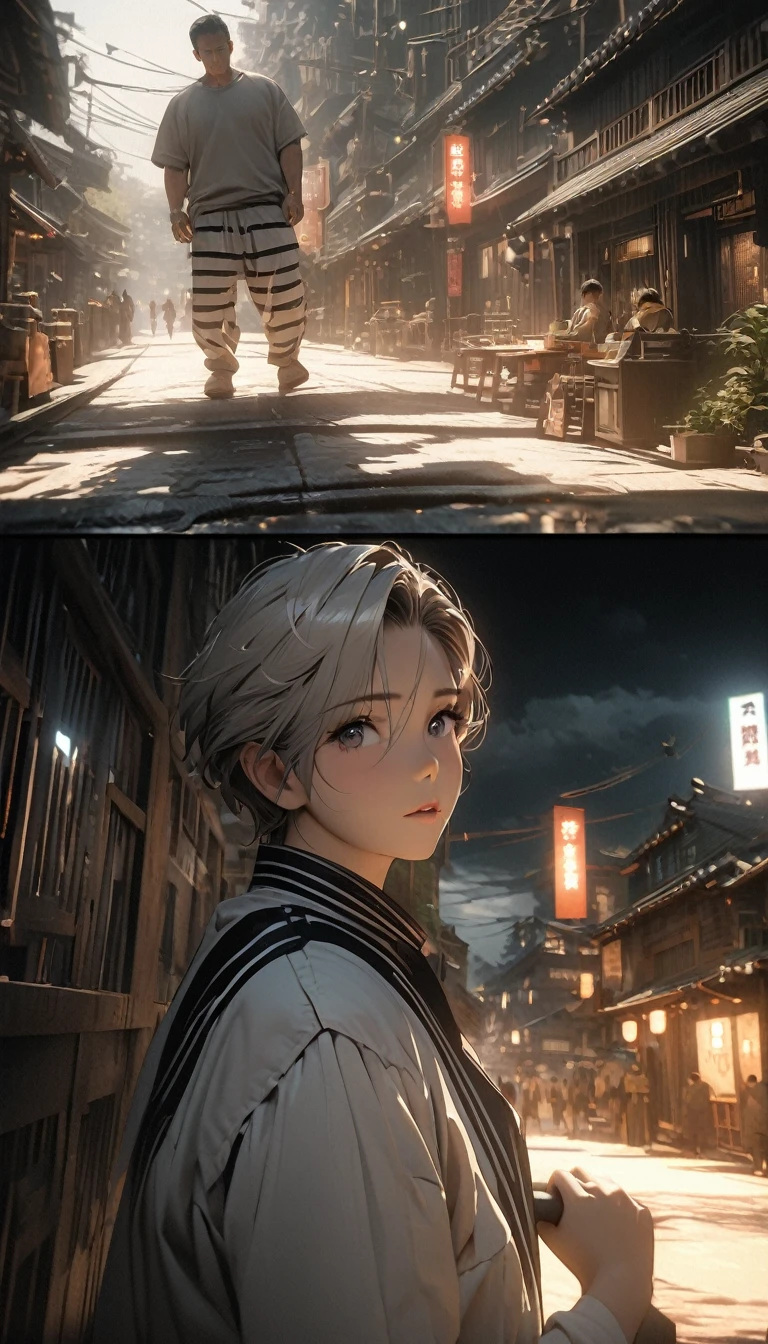 comics，2D images，comics风格，Shinkai Makoto animation style，Makoto Shinkai animation film art style，Ultra-wide angle viewing angle，Chinese，Small town，Imagine，Super Fine，Very detailed，high quality，8K ，OC Rendering，Dynamic perspective，Super real，Super realistic,(8k, RAW photos, best quality, masterpiece: 1.4), (((Boy examining himself)))，Ultra-high resolution, Extremely detailed, Dim Lights, Upper body close-up, handsome boy, black eyes, (delicate eyes, Eyes are bright:1.2), Gray short hair, Fair skin,dark, Black and white striped prison uniform,Black and white striped prison pants,(perfect anatomy:1.2), High-quality shadows, Natural Lighting, (White highlights:1.2), night, cloudy day, (Dimly lit cells:1.2), (Metal walls all around:1.2)