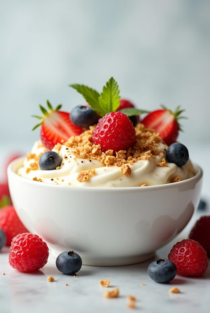 Please make yogurt stirred with delicious toppings And please make it look delicious And tasty And fresh please make yogurt stirred