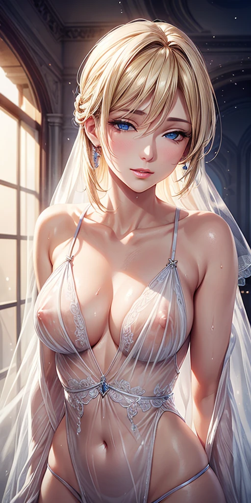 Portraiture, Elegant mature woman, blue eyes, Blonde, 4K resolution, High quality CG, Beautiful CG, Soft Light,Wet See-Through Lingerie,Small breasts,Transparent nipples