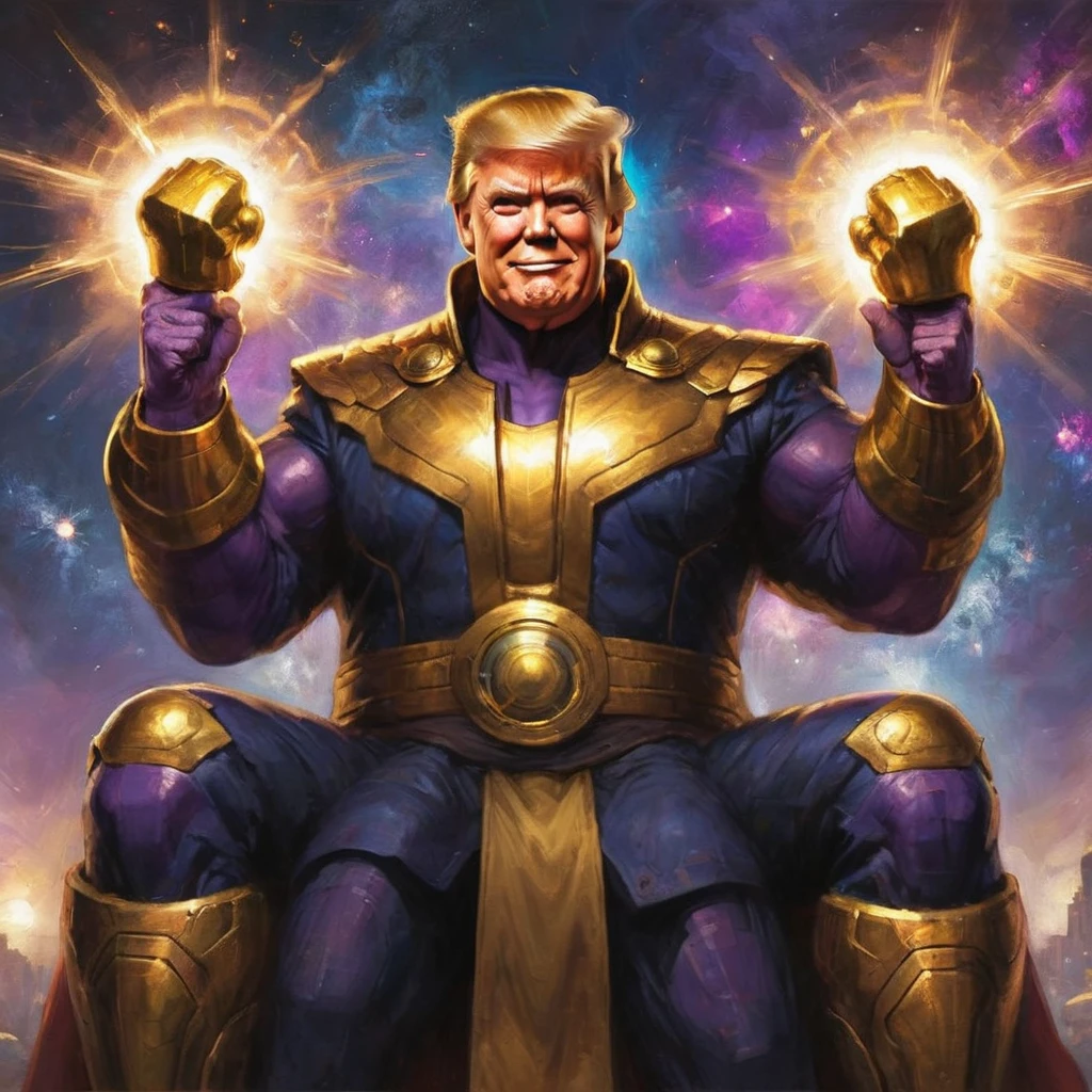 Donald Trump in a triumphant pose, He is portraying villain Thanos, wearing the Infinity gauntlet

