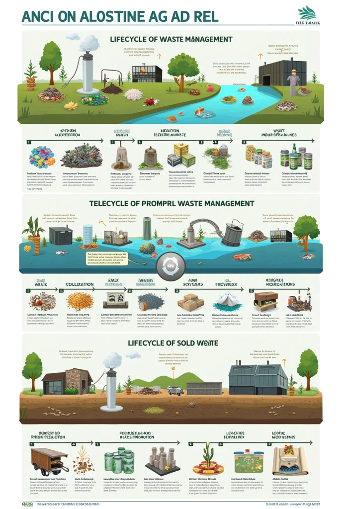 Solid Waste Segregation and Types of Waste": An illustration showing different types of waste such as kitchen waste (peels), medical waste (cotton, expired medicines), and dry waste (bottles, cans). Each type is represented in a separate section with icons or images of the waste items and appropriate disposal methods."Lifecycle of Waste Management": A diagram that illustrates the entire lifecycle of solid waste management, from waste generation (household and industrial) to collection, segregation, treatment (composting, recycling, incineration), and final disposal in landfills. Include visuals for each stage, highlighting the journey of waste through different processes."Impact of Improper Waste Disposal": A visual representation of the negative impacts of improper waste disposal, such as pollution (air, water, soil), health hazards, and environmental degradation. The image could show a contrast between a polluted environment with waste scattered and a clean environment with properly managed waste.