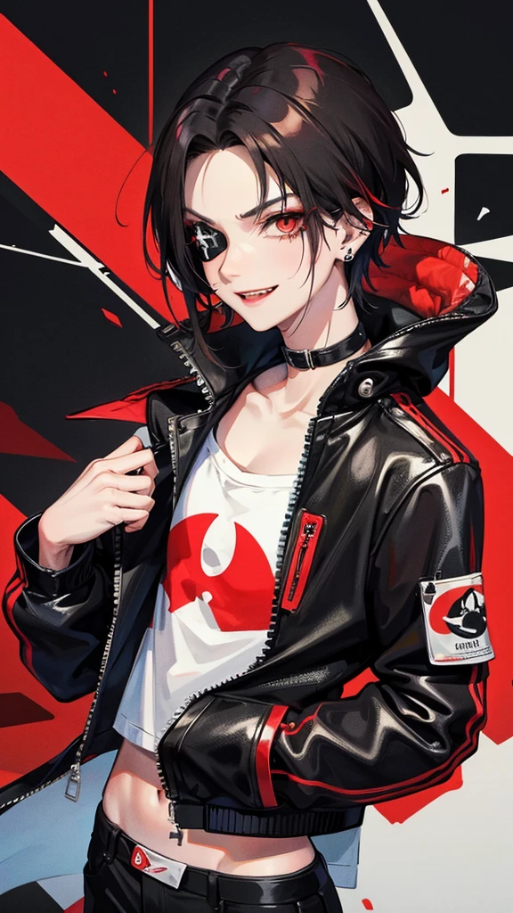 1 boy, anime, futuristic setting, black hair, red streaks in hair, androgynous, shark teeth, eye patch, cropped jacket, earrings, smirk, happy, red eye, streetwear, punk aesthetic, piercings, graffiti, vibrant