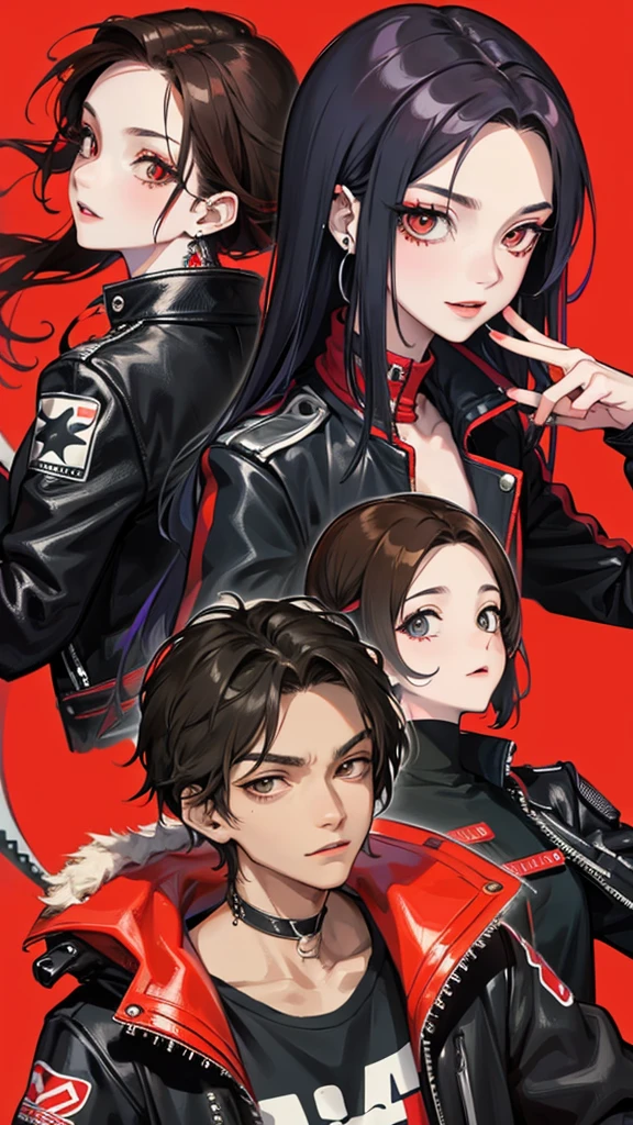 1 boy, anime, futuristic setting, black hair, red streaks in hair, androgynous, shark teeth, eye patch, cropped jacket, earrings, smirk, happy, red eye, streetwear, punk aesthetic, piercings, graffiti, vibrant