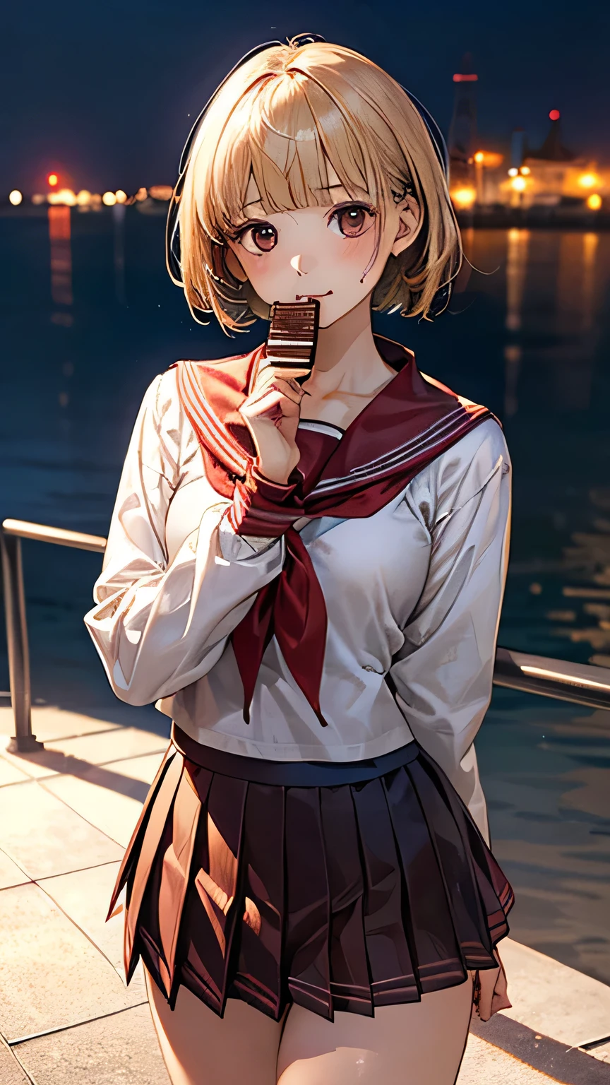 (masterpiece:1.2, Highest quality), (Realistic, photoRealistic:1.4), Beautiful illustrations, (Natural Side Lighting, Cinema Lighting), View your audience, Cowboy Shot, Front view:0.6, 1 girl, Japanese, Junior high school girl, , Perfect Face, cute and symmetrical face, Glowing Skin, (Upper Body), (short hair, Bobcut, bionde), Blunt bangs, Dark brown eyes, Long eyelashes, Beautiful Hair, Beautiful Face, Beautiful attention to detail, Beautiful clavicle, Beautiful body, Beautiful thighs, Beautiful legs, Beautiful fingers, ((Detailed cloth texture, long sleeves navy cute sailor suit, Red pleated skirt, Red Sailor Collar, Green sailor scarf)), (Beautiful views), evening, River side, Are standing, (cute, cute smile, Upward glance, Mouth open),((Eating a chocolate bar with both hands))