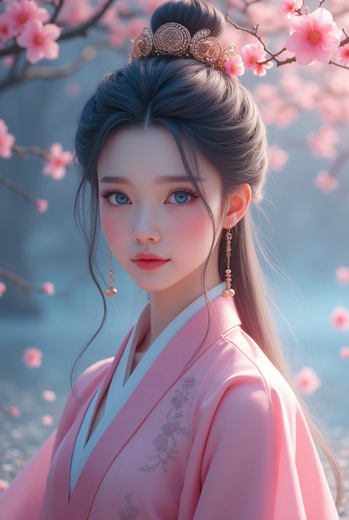(Highest quality、 8k 、masterpiece、High resolution)、(Chinese Drama、Changgexing、Li Changge、Dililaba)、Tang Dynasty、Changan、1 Female、Beautiful young person、blue eyes、Pretty lips、A single tear、Light colored long hair、Light pink Hanfu、Twilight Forest、古いChanganの街並み、Official Art、Detailed CG、
