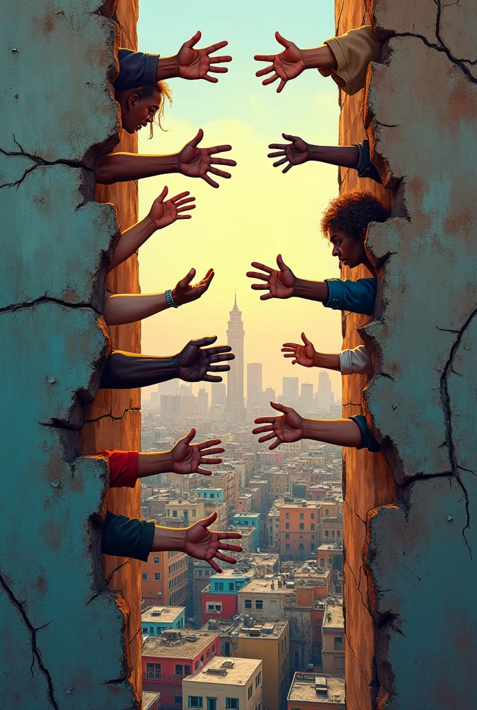 A striking illustration of a wall with cracks, through which outstretched hands are seen, symbolizing the connection and empathy between different people. In the background, A diverse city in bright colors and varied shades, do it but from the side