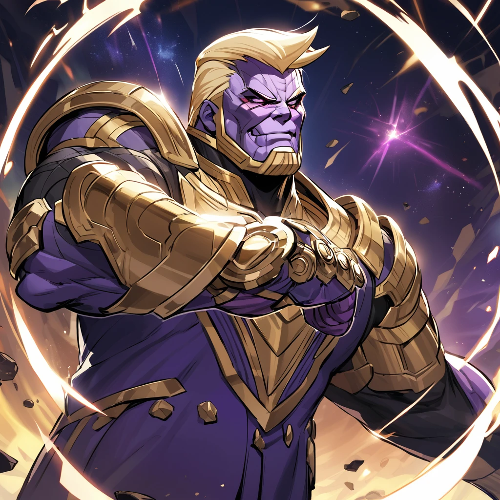 Donald Trump in a triumphant pose, He is portraying villain Thanos, wearing the Infinity gauntlet
