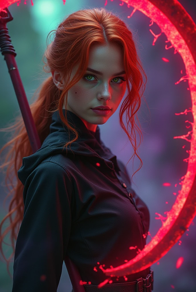 Photograph of a 16 year old girl, perfect face, masterpiece, red black , red scythe weapon,redhead, green eyes, purple green aura, Madelyne Pyor.