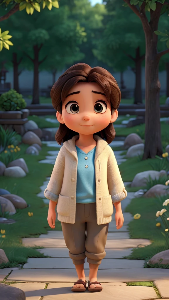 "Create a 3D Disney Pixar-style image of a 'great person' with an aura of wisdom and humility. The character is dressed in simple yet dignified clothing, with a serene and compassionate expression on their face. Their eyes reflect kindness and understanding, and their posture exudes calm confidence. The background could be a peaceful natural setting, such as a quiet forest, a serene village, or a tranquil garden, with soft lighting that emphasizes the character's inner greatness and the positive impact they have on those around them."