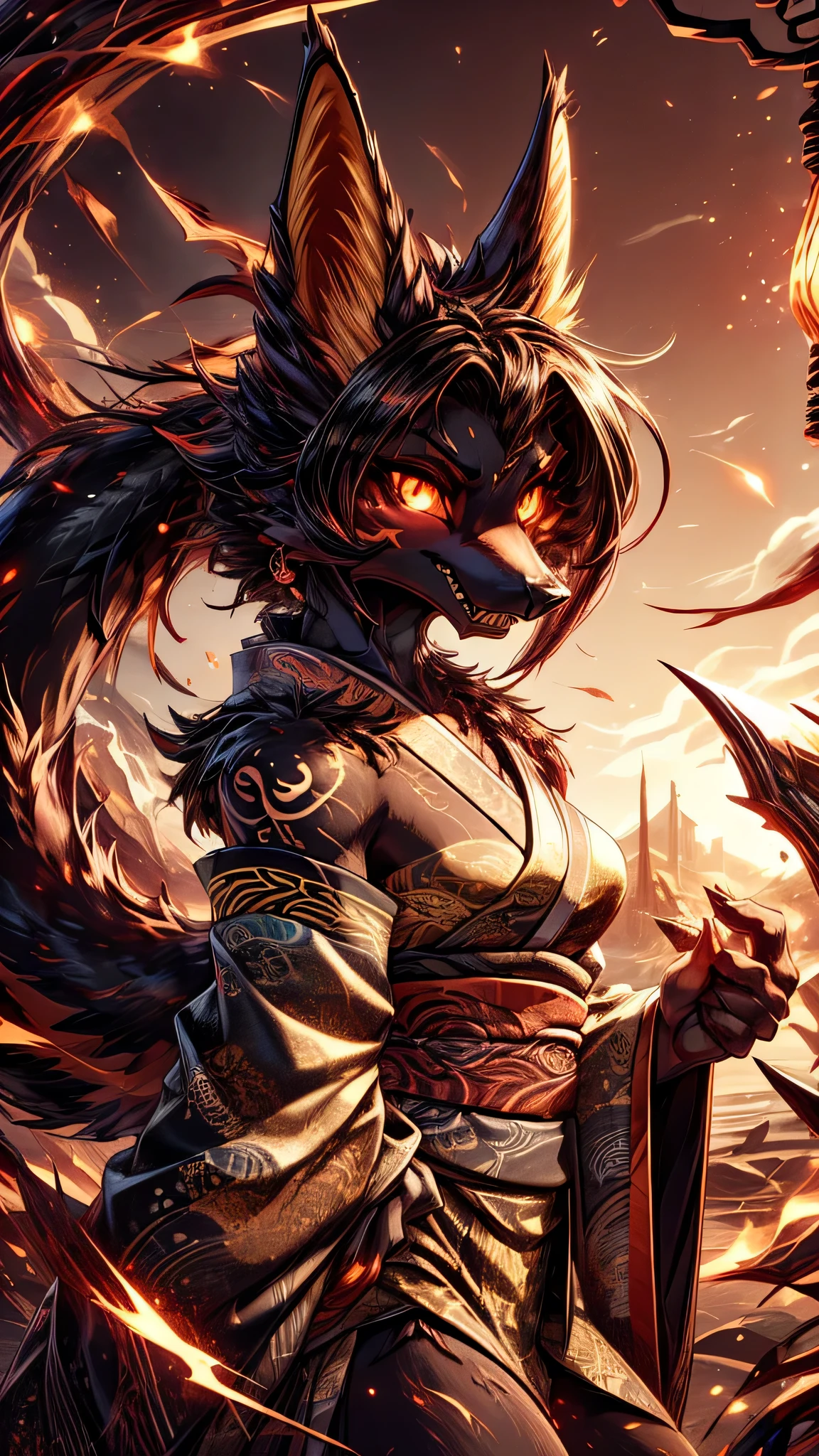 Masterpiece Best quality, the best definition to add aesthetic and lighting details black girl jackal, egiptian clothes, teen girl, black body, japanese shrine landscape, golden tattoo body, sensual eyes, traditional kimono red pupil, glowing eyes. devilish girl, batwigs agregar_detail Ferocious fangs, sharp teeth, Demon yokai kitsune