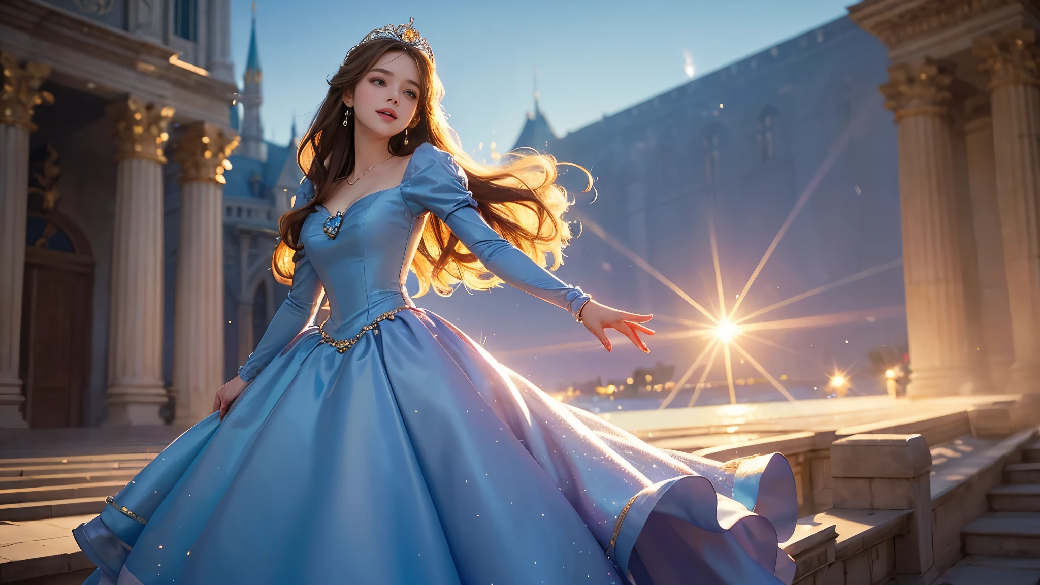 best quality, masterpiece, 1 girl, Very pretty, Disney's Cinderella, long hair, A huge laugh, cute teen, shiny lips, sweet, sun glare, Conservative attire, Blue dress, Bridal Tiara, depth of field, blurred background, Ballroom background, light particles, strong wind, head tilt