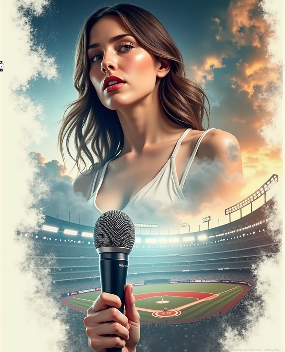 (((photograph、Realistic)))Woman sitting at a desk in front of a microphone, instagramart, Shinhanga, baseball stadium during a game, bright atmosphere, Tokyo Dome, covered!!, official media, toriyama akira, lightning!! (((photo, Photorealism))) Adult video poster layout, (((on-screen text: "The current female announcer of that famous baseball team makes a shocking AV debut!!"))), (((DVD mark, Blu-ray mark))).Adult video poster layout, Ultra Creative Typographic Poster Designs | Graphic Design * The current female announcer of that famous baseball team makes a shocking AV debut!!. *. 8K digital art poster of typography, ultra-realistic and highly detailed, intricate typography, dynamic composition, (((DVD mark, Blu-ray mark, R-18 mark))).Striking contrast, eye-catching expressive letters, dramatic lighting, erotic atmosphere of adult video, popya color palette, rich texture, cinematography, award-winning, masterpiece, photorealistic, ultra-detailed, surreal, volumetric, vibrant colors, clair obscur, dramatic shadows, dramatic reflections, ethereal, dreamy, surreal, mystical, abstract, conceptual, minimalist, elegant, sophisticated, timeless, visually striking, shocking, compelling, inspiring, evocative