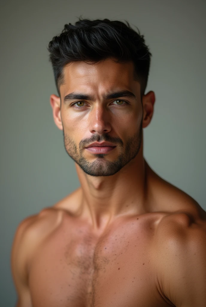 28 year old man white skin, green eyes, black hair, muscular